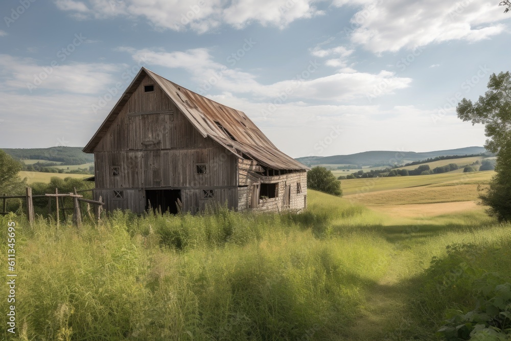 rustic barn, with view of rolling hills and fields, creating a serene atmosphere, created with generative ai rustic barn, with view of rolling hills and fields, creating a serene atmosphere, created with generative ai