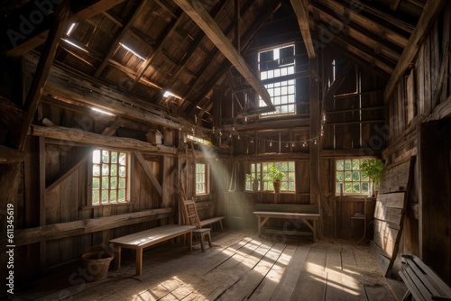 rustic barn with sun shining through the windows, illuminating the interior, created with generative ai