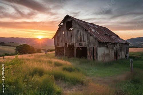 rustic barn, with view of sunrise, surrounded by rolling hills, created with generative ai