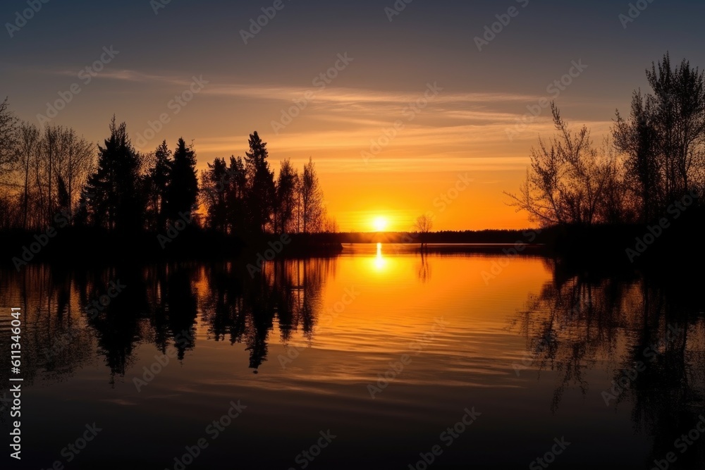 sunset over calm lake, with water reflections and silhouettes of trees, created with generative ai