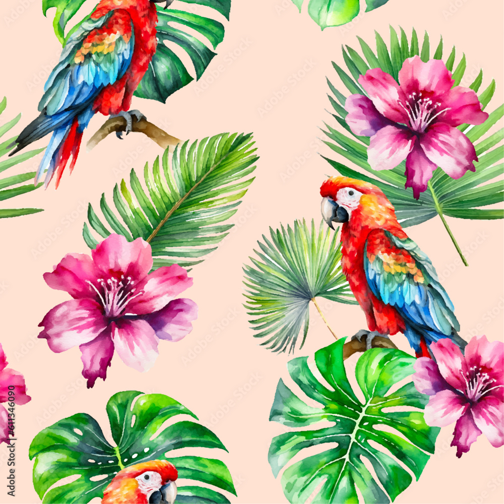Obraz premium Exotic seamless pattern graphic. Parrots, leaves and flowers. Vector illustration for backgrounds, textiles and apparel. Palms, monstera and orchids. Hawaii plants. Jungle aesthetic.