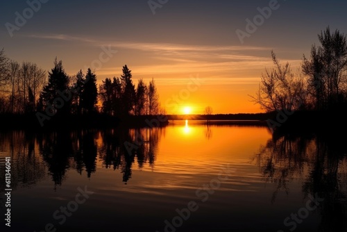 sunset over calm lake, with water reflections and silhouettes of trees, created with generative ai
