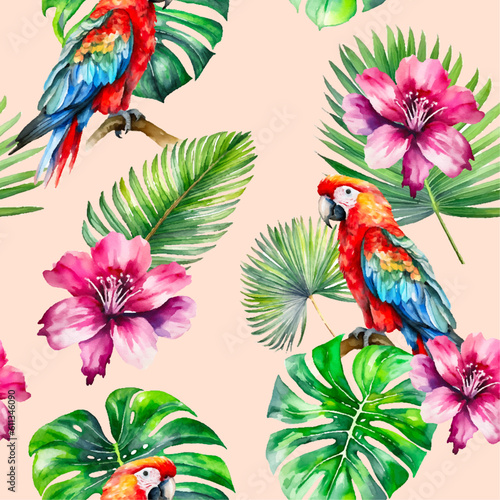 Exotic seamless pattern graphic. Parrots, leaves and flowers. Vector illustration for backgrounds, textiles and apparel. Palms, monstera and orchids. Hawaii plants. Jungle aesthetic.