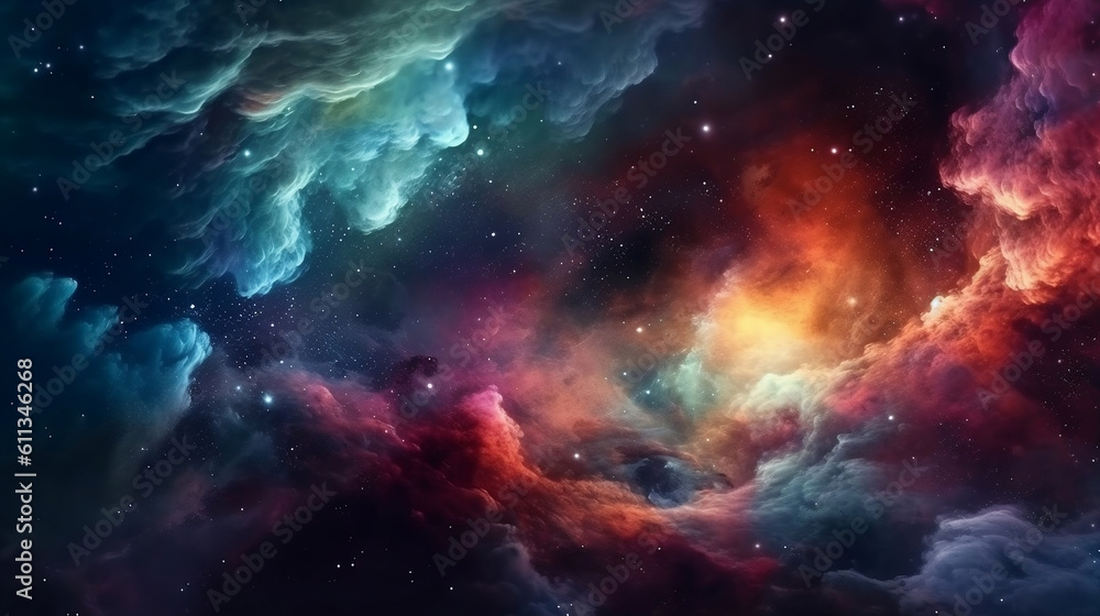 Colorful space galaxy cloud nebula. Stary night cosmos. Universe science astronomy. Supernova background. Generative ai.