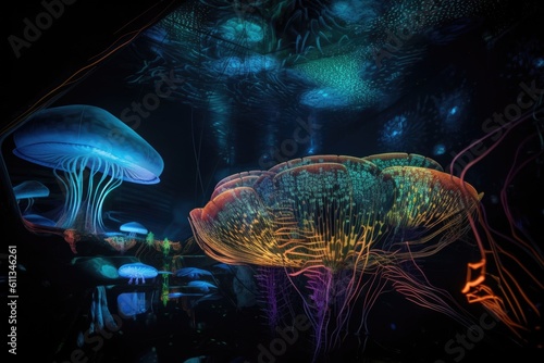 alien life form, surrounded by holographic projections of its natural habitat, created with generative ai