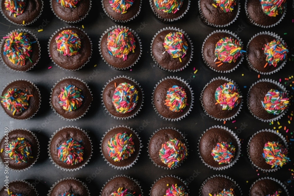 rows of chocolate cupcakes with rainbow sprinkle topping, created with generative ai