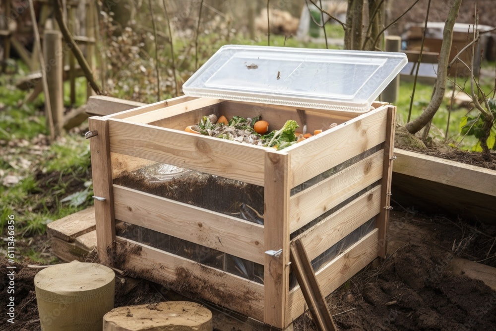 compost bin with clear lid, showing the composting process in action, created with generative ai compost bin with clear lid, showing the composting process in action, created with generative ai