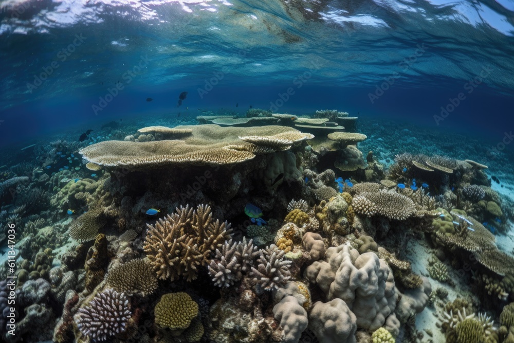 coral reef, with schools of fish and other marine life swimming among the corals, created with generative ai