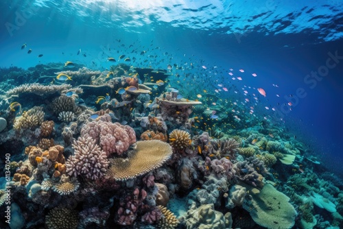 coral reef with schools of fish swimming among the corals, created with generative ai