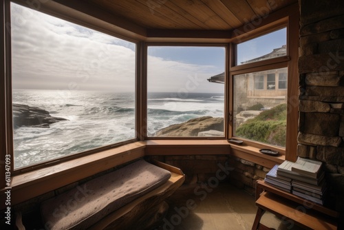 cozy reading nook with a view of the ocean, waves crashing on the rocks, created with generative ai © Alfazet Chronicles