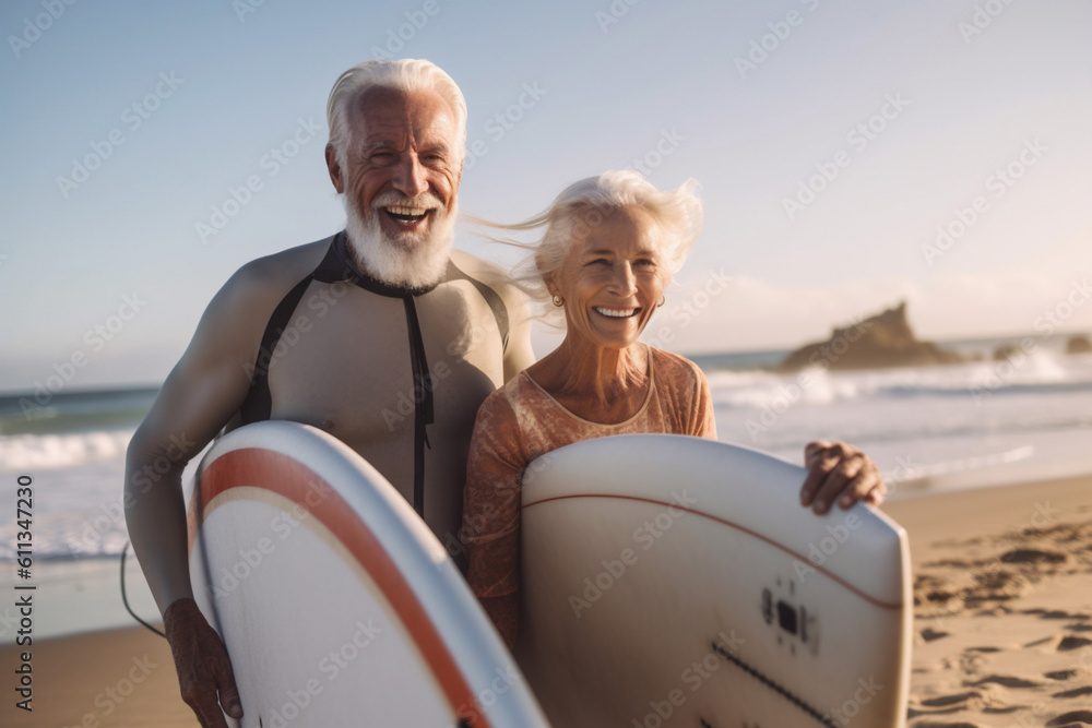 Fototapeta premium A senior couple on the beach with a surfboard having fun. Generative AI