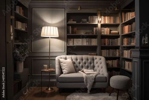 cozy reading nook with plush armchair, stack of books, and warm throw blanket, created with generative ai