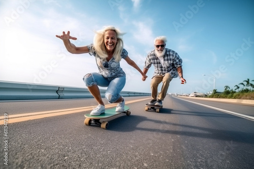 Crazy hipster old couple riding skateboard on the street. Generative AI