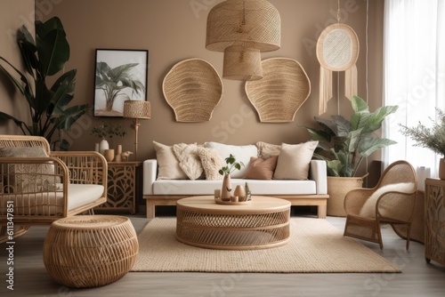 bamboo and rattan room with eco-friendly decor, created with generative ai