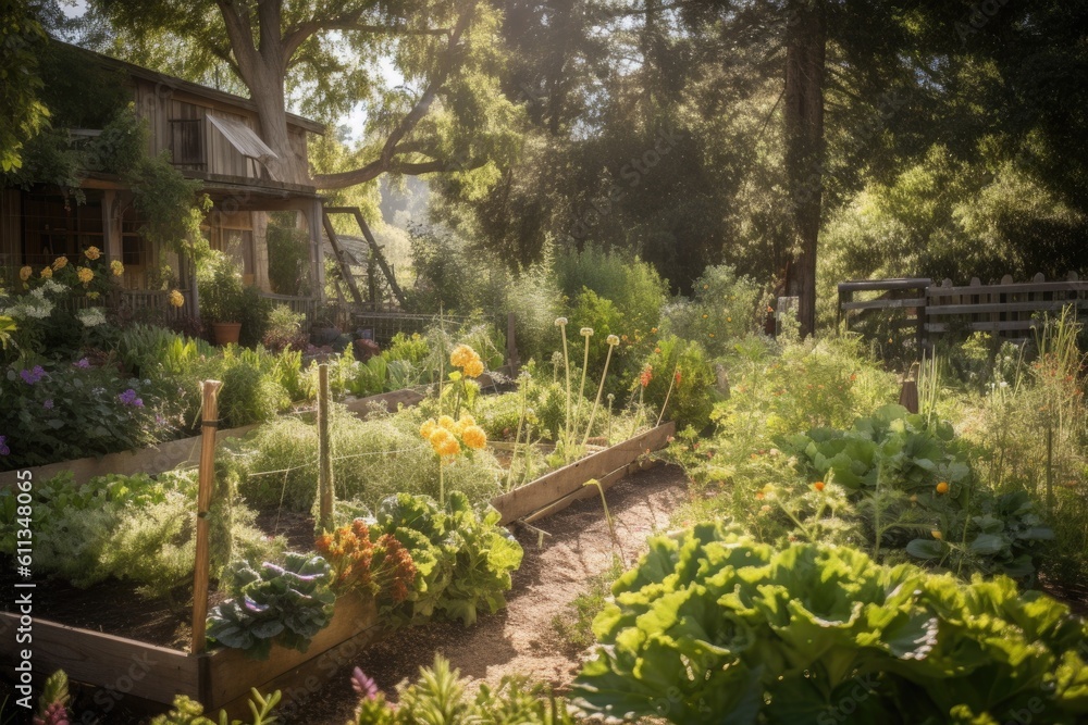 edible garden, with herbs and vegetables growing amongst trees and flowers, created with generative ai edible garden, with herbs and vegetables growing amongst trees and flowers, created with generative ai