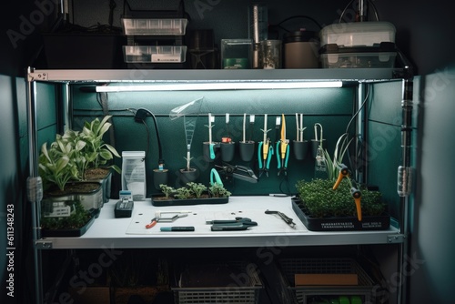 close-up of a homegrow setup with all the different tools and equipment visible, created with generative ai photo