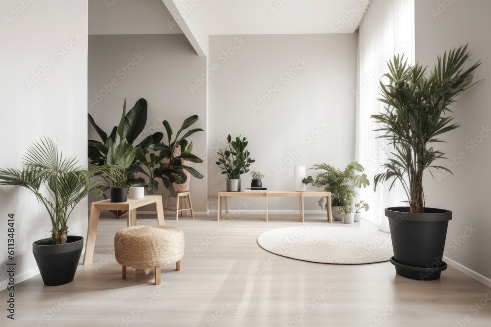 Fototapeta premium minimalist interior with potted plants and modern furniture, created with generative ai