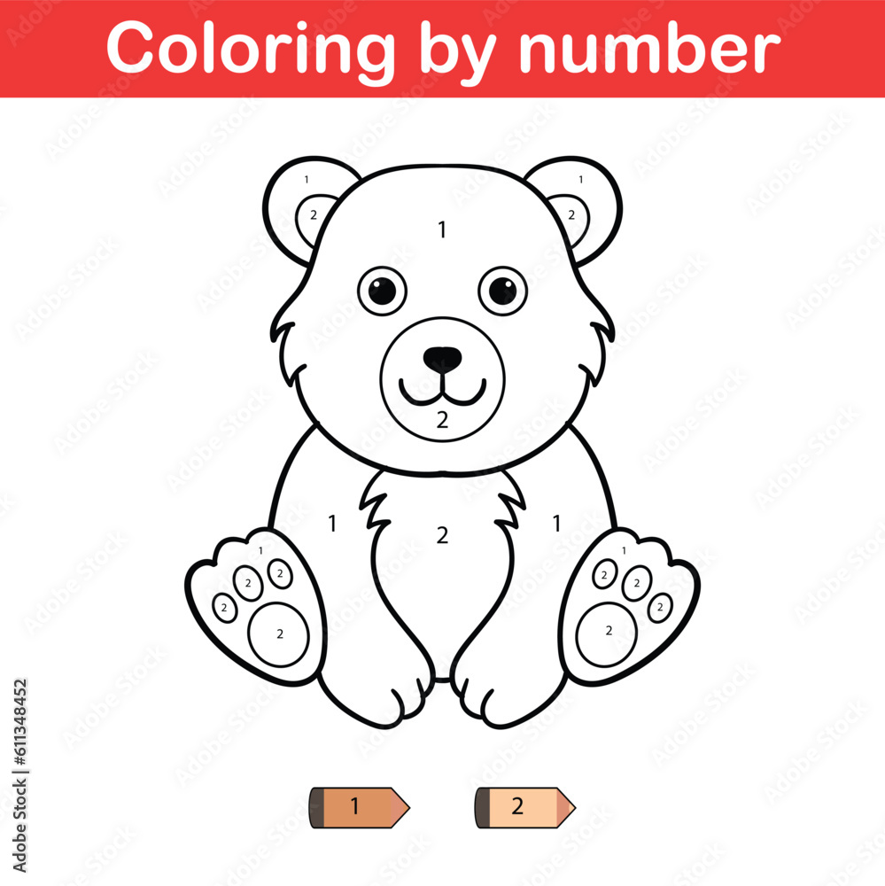 Educational game for preschool children, learn colors and number. Coloring page with numbers. Cute kawaii cartoon bear
