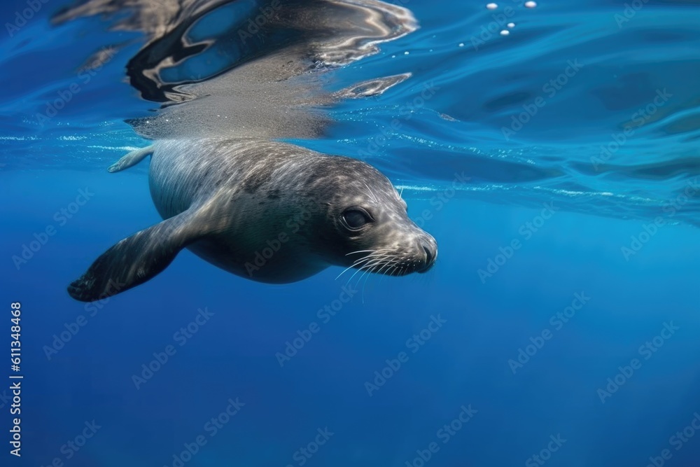 Fototapeta premium marine mammal swimming through clear blue water, created with generative ai