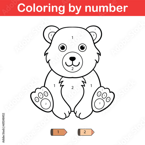 Educational game for preschool children, learn colors and number. Coloring page with numbers. Cute kawaii cartoon bear