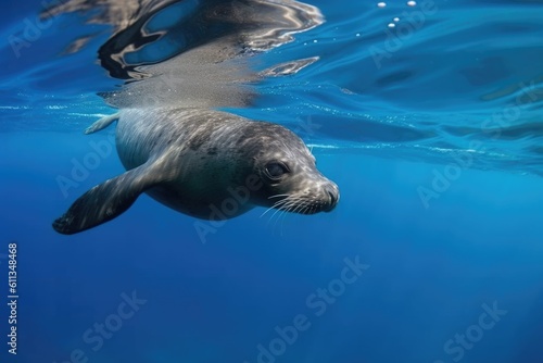 marine mammal swimming through clear blue water, created with generative ai