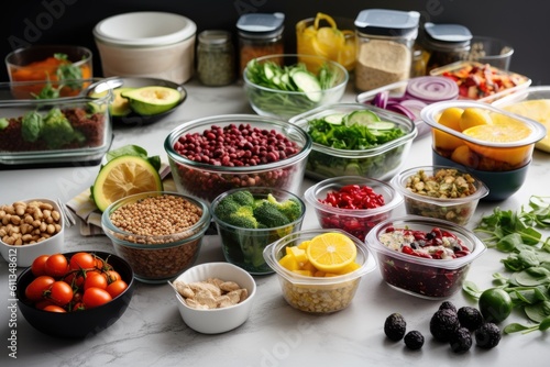 stylishly arranged meal prep containers with fresh ingredients and spices, created with generative ai