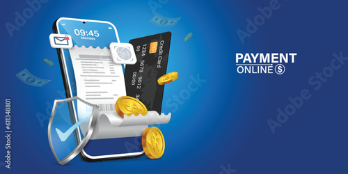 Bill of expenses is on mobile phone.Pay bills with mobile phone.Online shopping spending.Online shopping via smartphone.Bill payment flat isometric vector concept of mobile payment, shopping, banking.