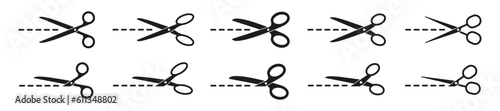 Scissors icon set. Scissors with cut lines. Vector illustration.