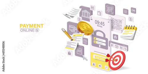transaction online.Financial transaction application.
Payment, money transfer via mobile phone.Mobile phone with payment menu around Conveniently pay with an application online transaction concept.