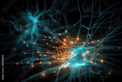 close-up of neuron, with electrical impulses firing in complex patterns, created with generative ai