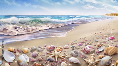 Immerse Yourself in the Ultra-Detailed Beauty of a Beach - HD Stock Image with Stunning Accuracy and Vibrant Colors - shells on the beach, Generative AI