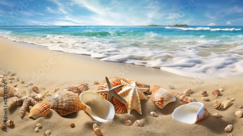 Immerse Yourself in the Ultra-Detailed Beauty of a Beach - HD Stock Image with Stunning Accuracy and Vibrant Colors - seashells on the beach, Generative AI
