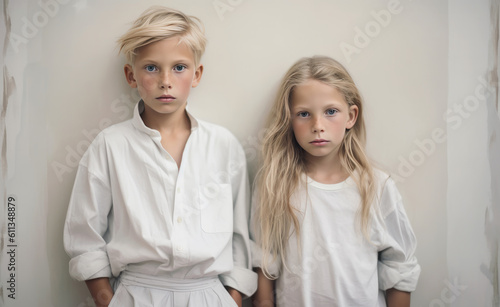 Young sister and brother posing together for portrait. Siblings together on white gray background. Generative Ai.