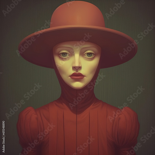 Portrait of spooky woman wearing a large hat. Generative AI