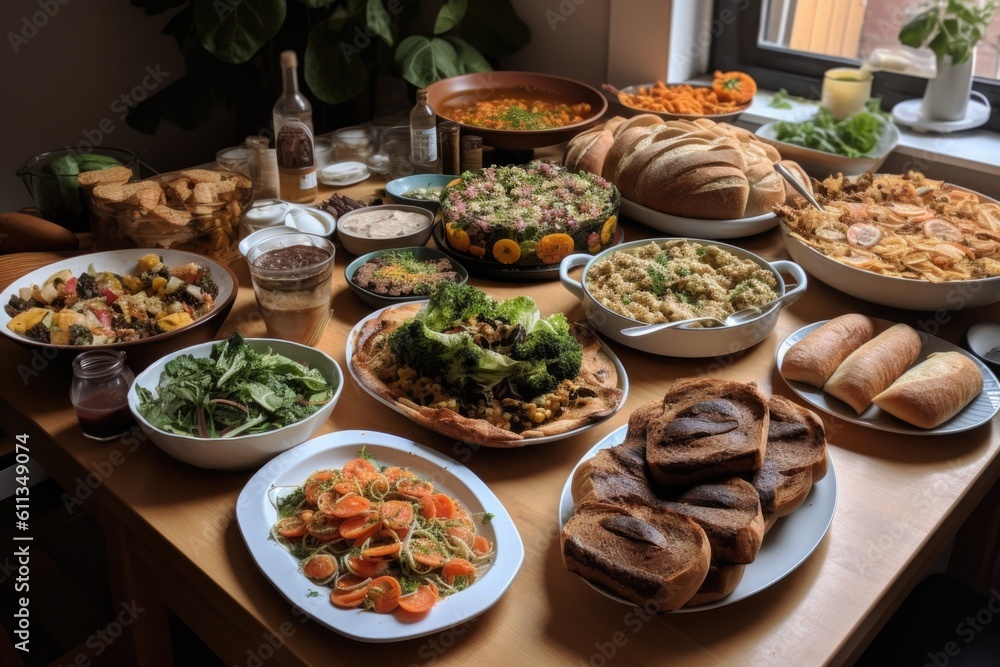 plant-based and vegan feast, with various dishes including salads, soups, and baked goods, created with generative ai