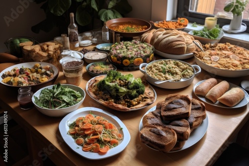 plant-based and vegan feast, with various dishes including salads, soups, and baked goods, created with generative ai