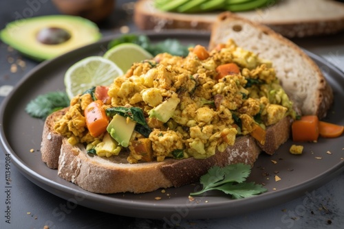 tofu scramble with vegetable mix and avocado on toast, created with generative ai photo