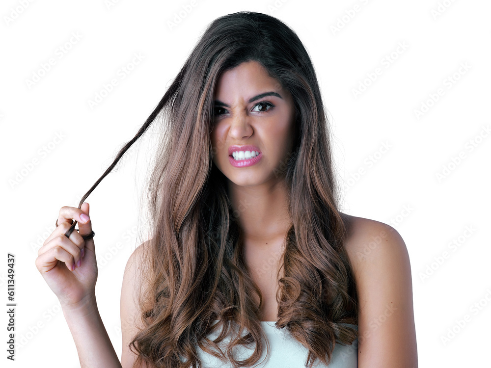 Isolated woman, hair care and breakage in portrait with worry, shock and problem by transparent png background. Girl, model and frustrated with hairstyle, beauty and damage with stress for cosmetics Isolated woman, hair care and breakage in portrait with worry, shock and problem by transparent png background. Girl, model and frustrated with hairstyle, beauty and damage with stress for cosmetics