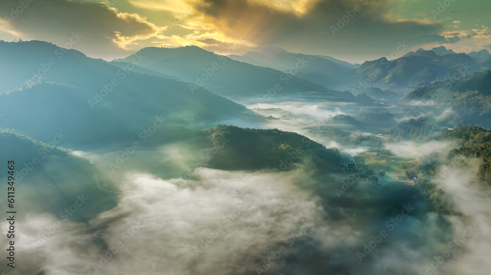 Naklejka premium Amazing beautiful natural scenery of landscape view in Asia tropical mangrove forest mountains background, aerial view drone shot, High angle view