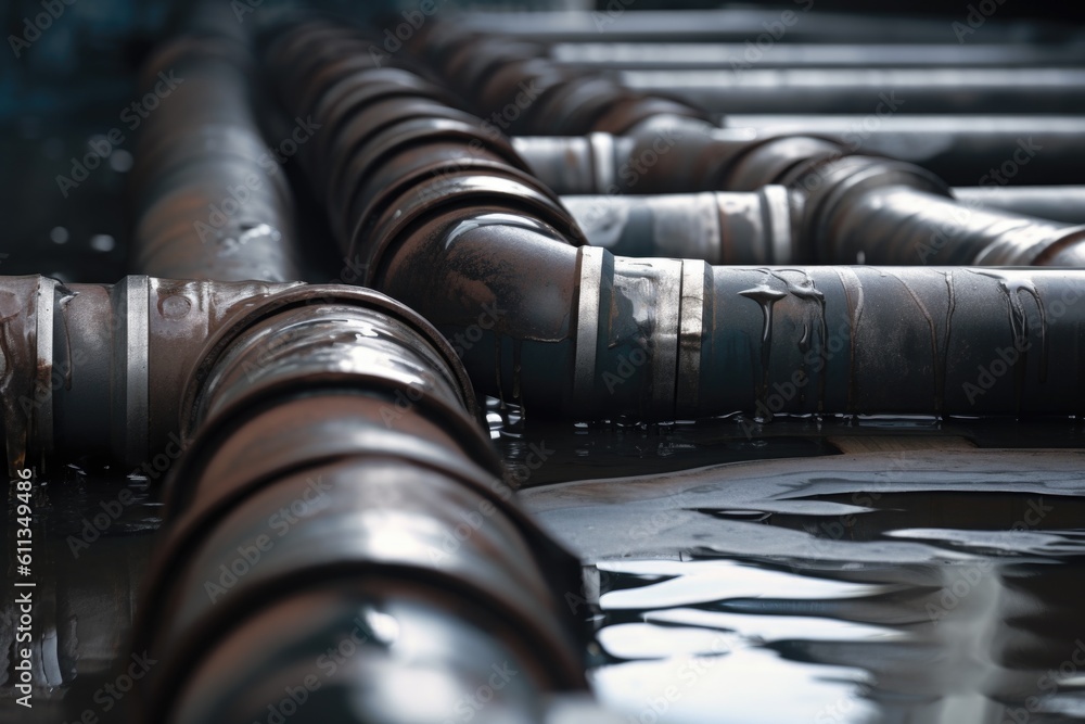 close-up of metal pipes, with water flowing freely down them, created with generative ai close-up of metal pipes, with water flowing freely down them, created with generative ai