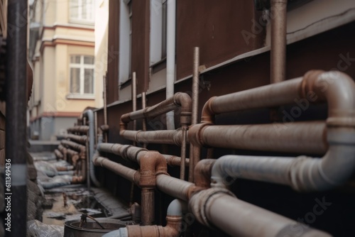 close-up of pipes being replaced on a house in the city, created with generative ai