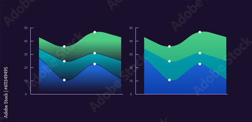 Area infographic chart design template set for dark theme. Changes in quantities over time. Visual data presentation. Editable stacked graphs collection. Myriad Pro-Bold, Regular fonts used