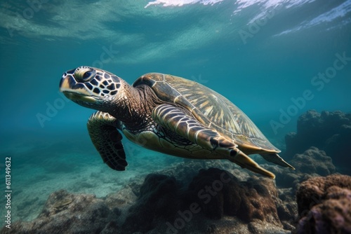 sea turtle swimming in clear blue water, with its flippers and tail visible, created with generative ai © Alfazet Chronicles