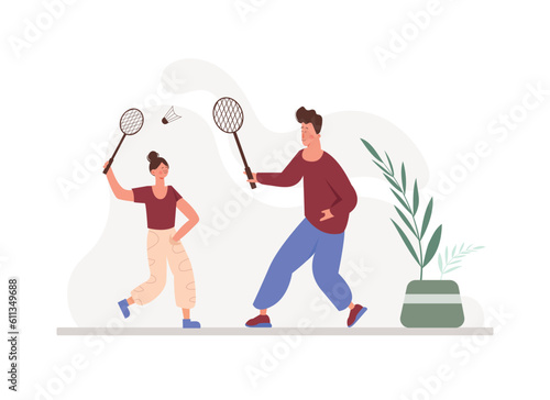 Cartoon handsome couple plays badminton. People having regular physical activity. Time for sports. Doing morning exercises. Healthy and active lifestyle. Vector