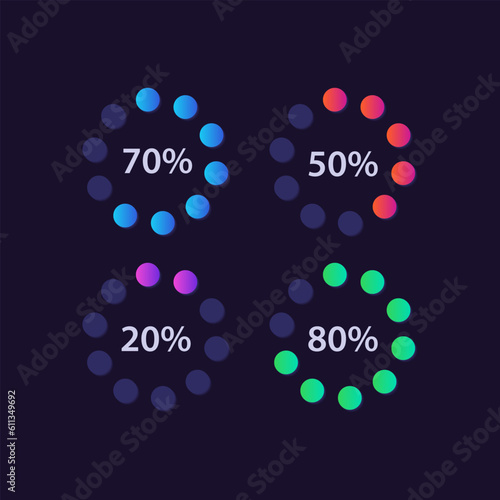 Radial gradient progress infographic chart design template set for dark theme. Project complete. Visual data presentation. Circular diagrams collection. Myriad Pro-Bold, Regular fonts used
