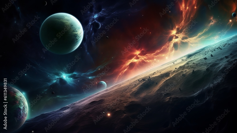 Explore the captivating realm of planets with ultra detail HD backgrounds that transport you to distant worlds. The scene reveals a panoramic view of a planetary system, earth and moon, Generative AI