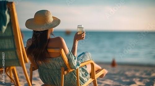 a woman sitting in a chair on a beach holding a glass. Generative AI Art. photo