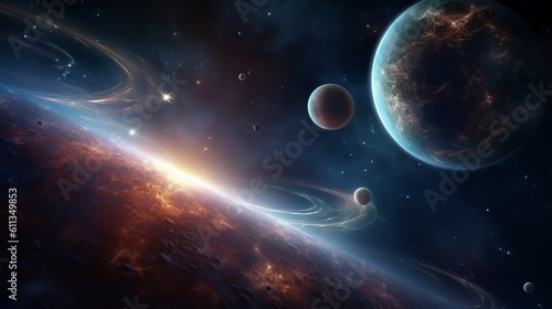 Explore the captivating realm of planets with ultra detail HD backgrounds that transport you to distant worlds. The scene reveals a panoramic view of a planetary system, Generative AI