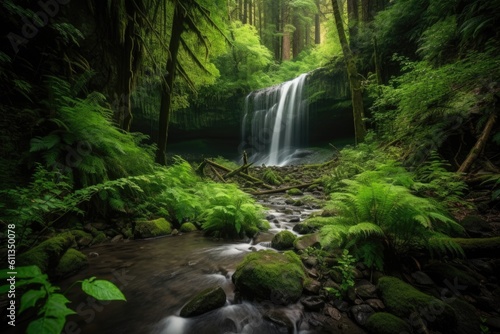 majestic cascading waterfall surrounded by lush green forest  created with generative ai