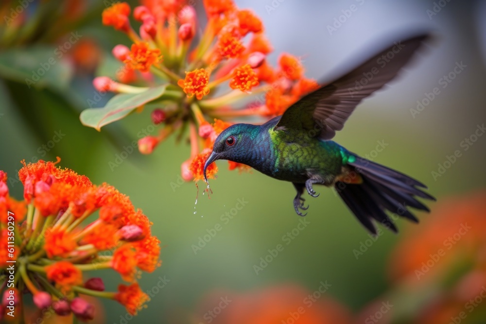 Fototapeta premium hummingbird, with its tiny beak and vibrant feathers, hovering over flower, created with generative ai